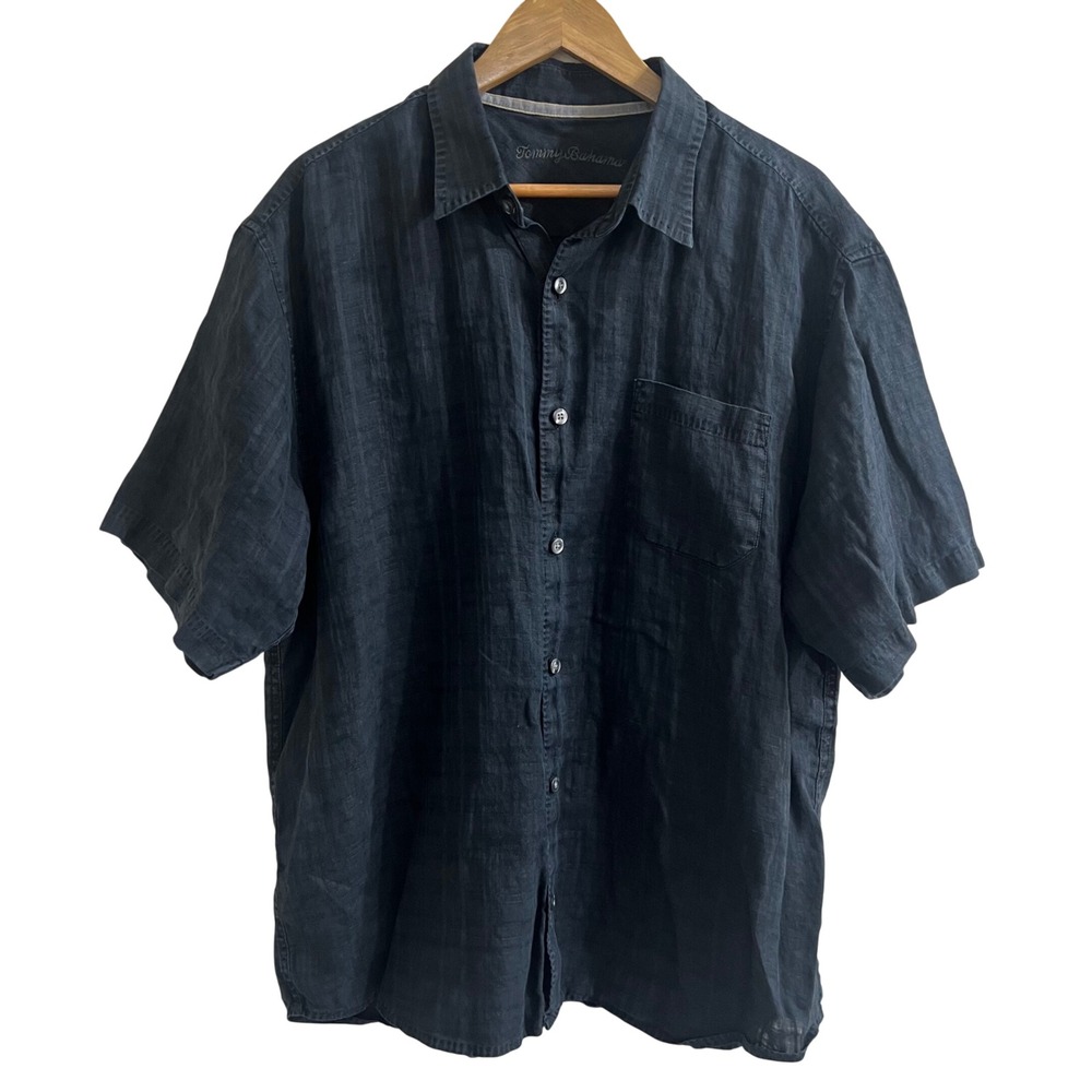 Tommy Bahama Mens XL Linen Short Sleeve Button Down Shirt Navy Blue Coastal